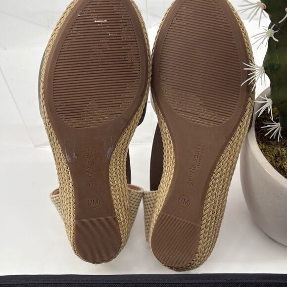 Gentle Souls Luci Sandals Women's 7 Pewter Tan Leather Peep Toe Wedge Espadrille - Picture 7 of 10